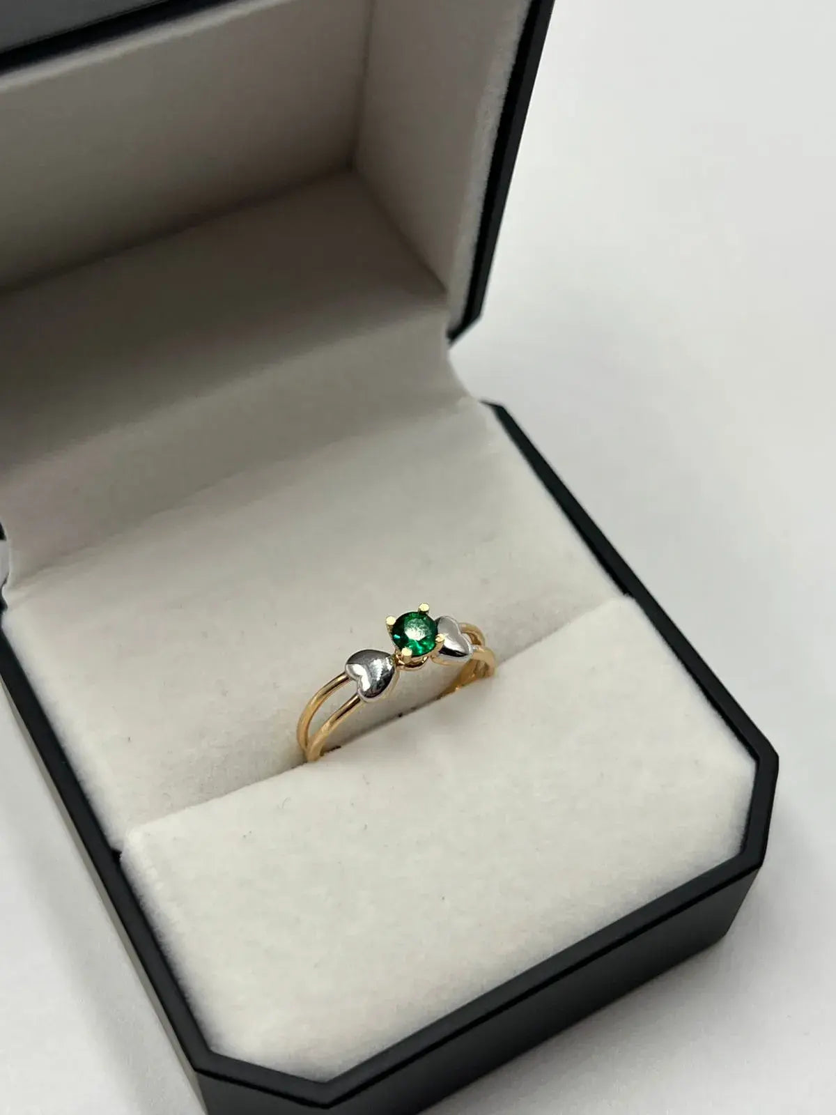 Anillo Dama Corazones 2 Oros Circón Verde